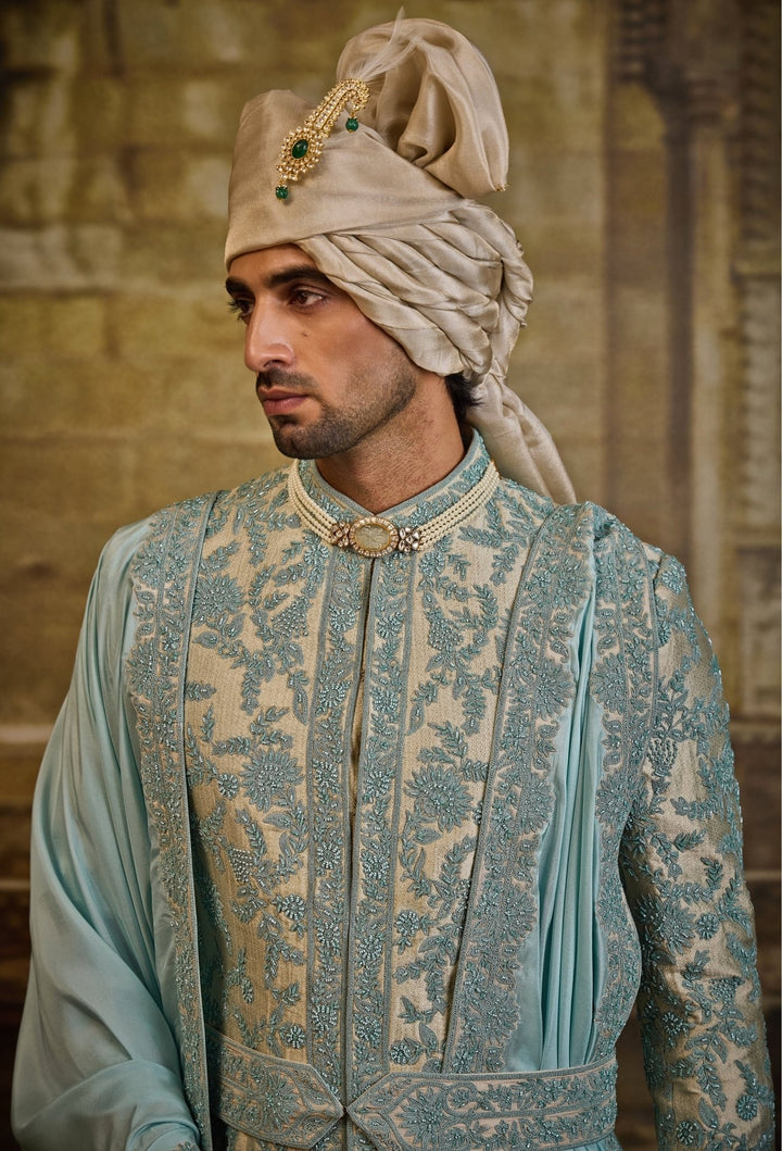Blue Brocade Sherwani Set Nitika Gujral - Men - Fabilicious Fashion