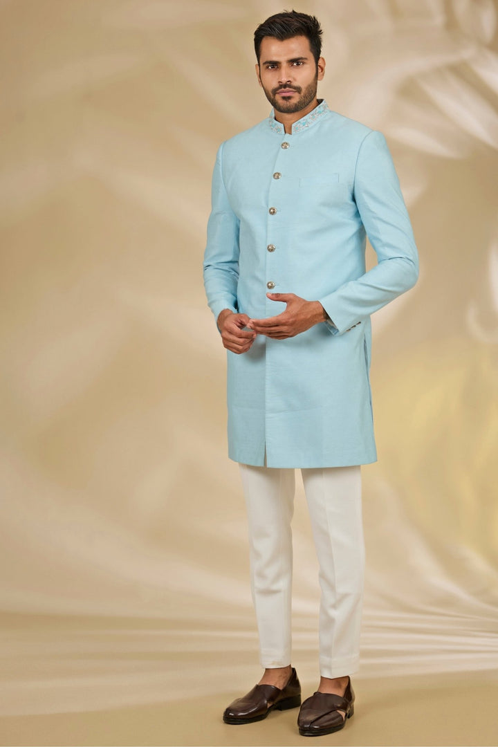 Manish Nagdeo Men Blue Brocade SherwaniFabilicious Fashion