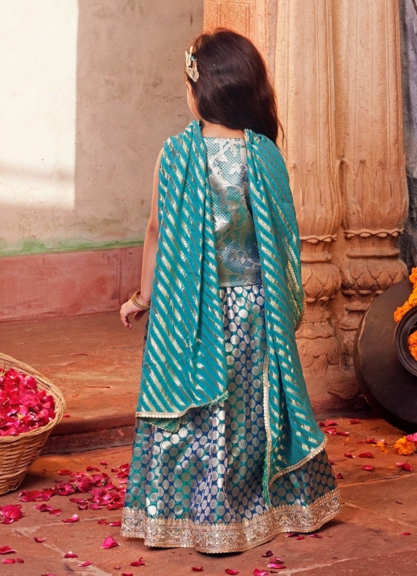 Blue Brocade Silk Lehenga Set Chotibuti - Fabilicious Fashion