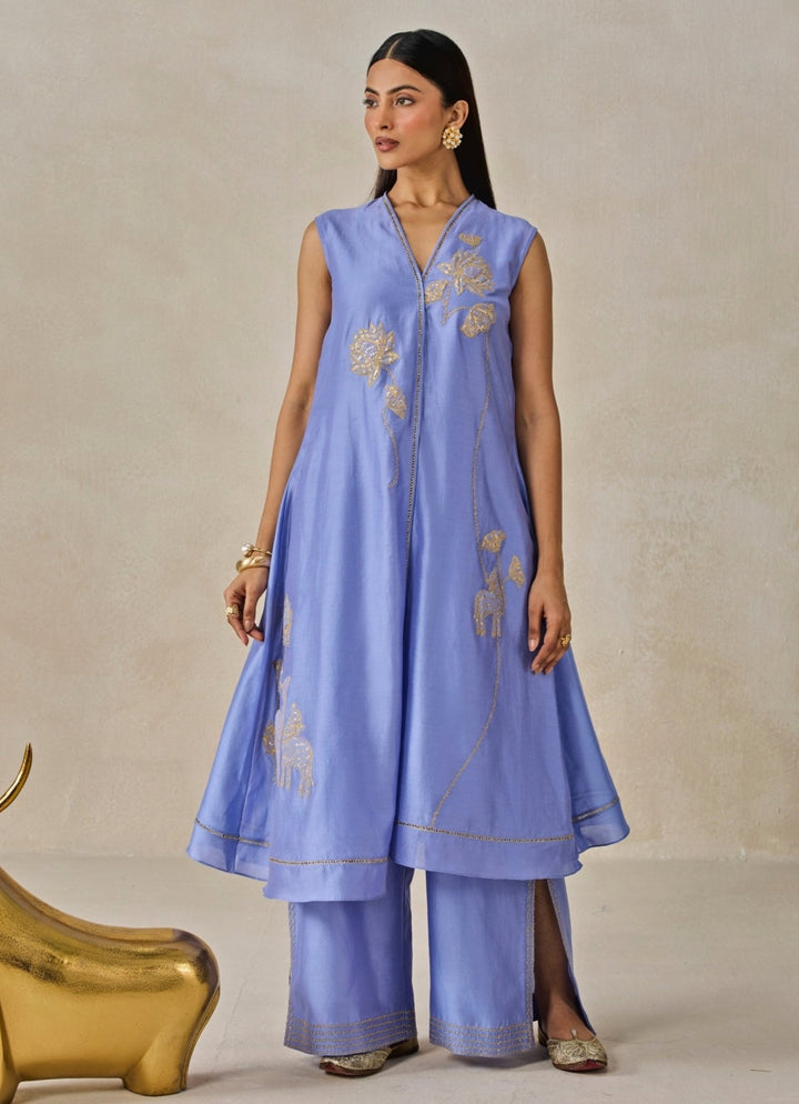 Blue Chanderi Applique Kurta Palazzo Set Nitika Gujral - Fabilicious Fashion