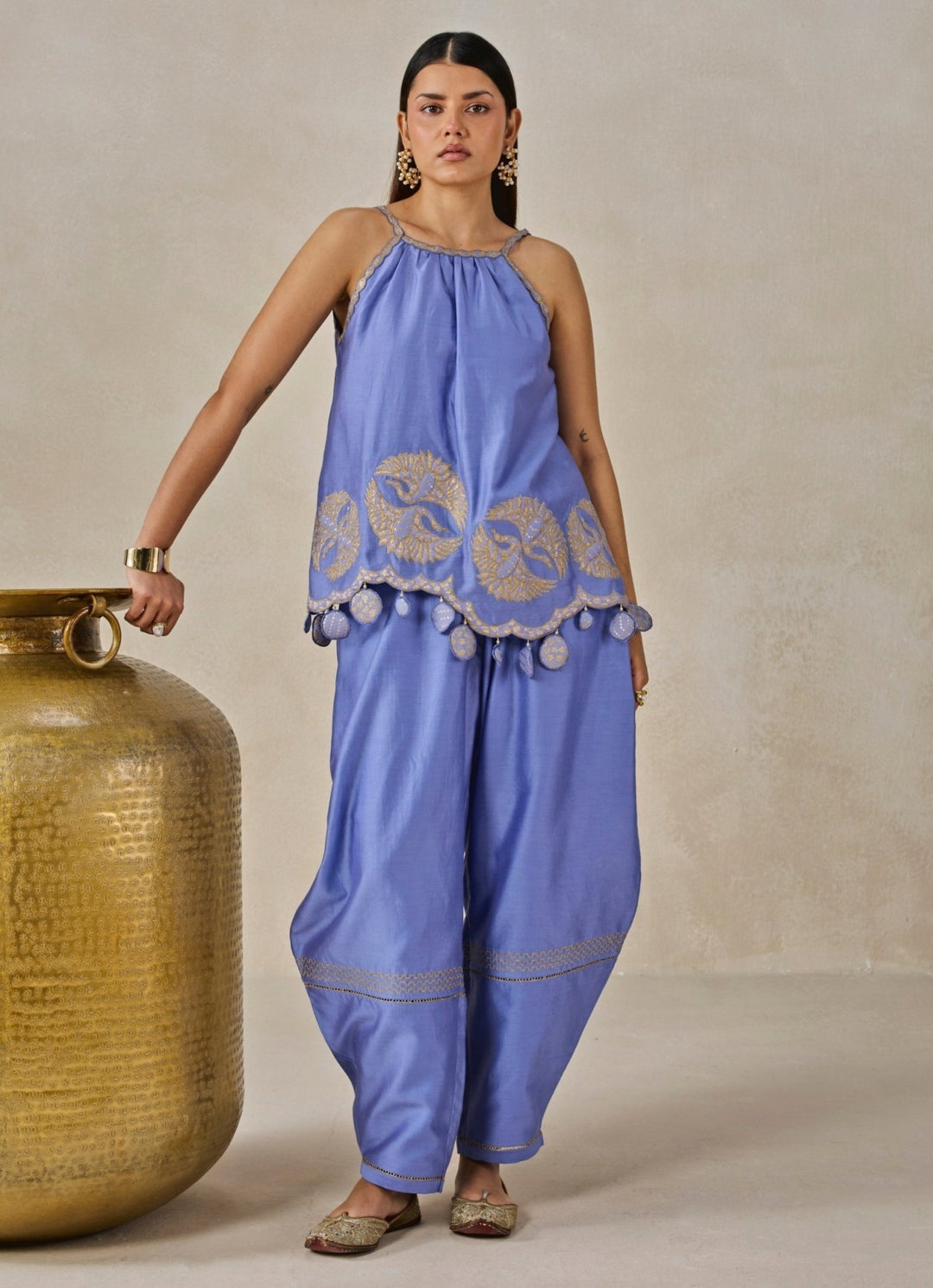 Blue Chanderi Applique Top And Palazzo Set Nitika Gujral - Fabilicious Fashion