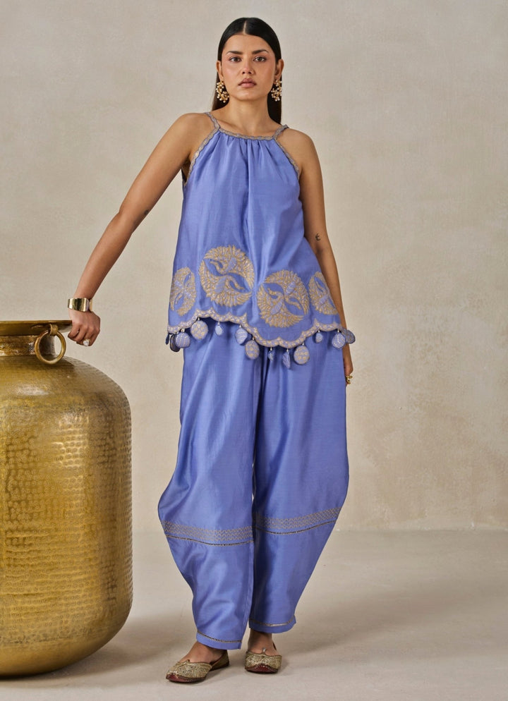Blue Chanderi Applique Top And Palazzo Set Nitika Gujral - Fabilicious Fashion