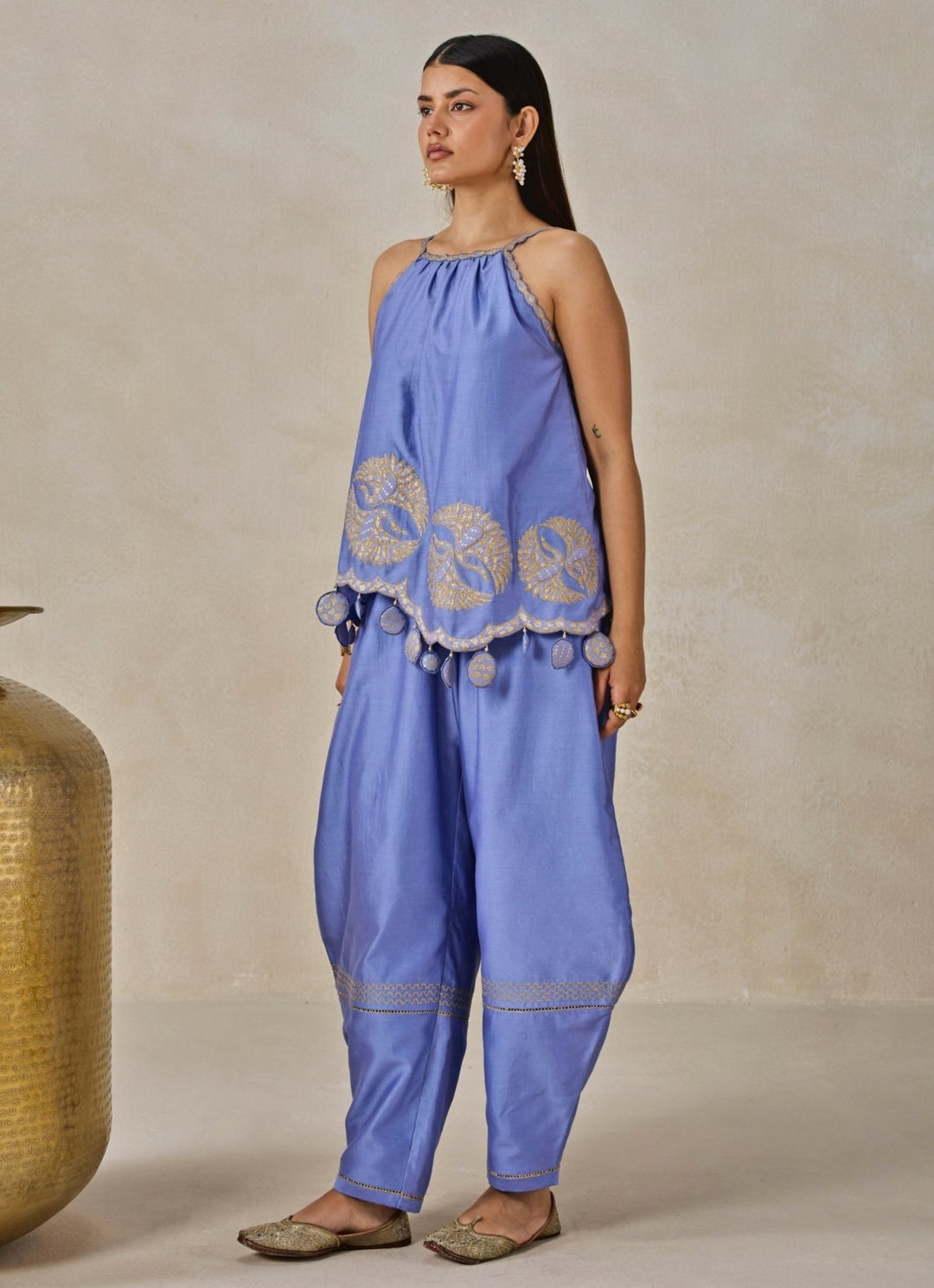 Blue Chanderi Applique Top And Palazzo Set Nitika Gujral - Fabilicious Fashion
