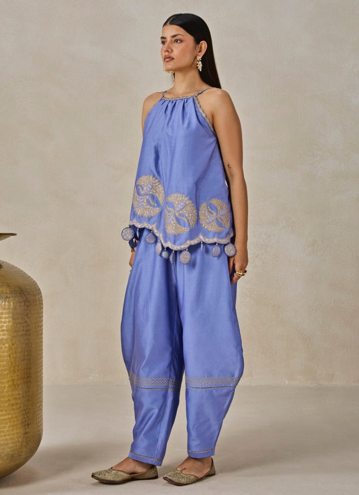 Blue Chanderi Applique Top And Palazzo Set Nitika Gujral - Fabilicious Fashion