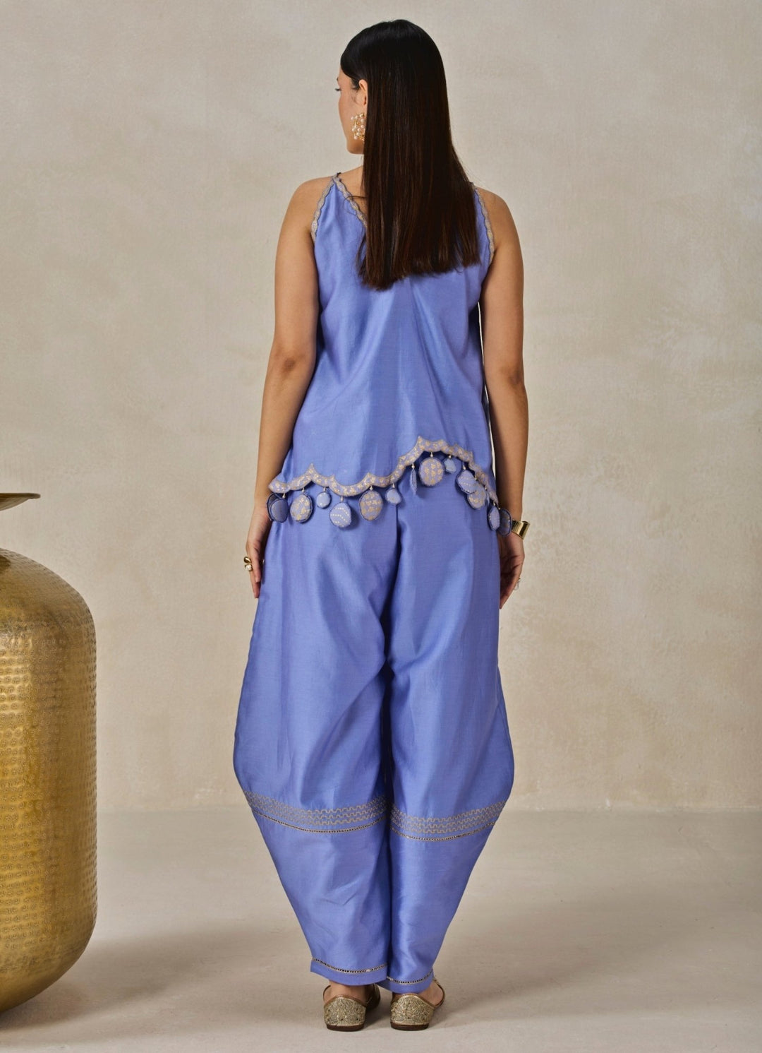 Blue Chanderi Applique Top And Palazzo Set Nitika Gujral - Fabilicious Fashion