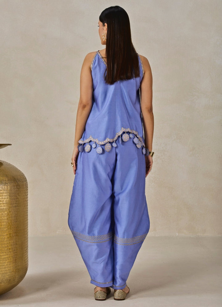 Blue Chanderi Applique Top And Palazzo Set Nitika Gujral - Fabilicious Fashion