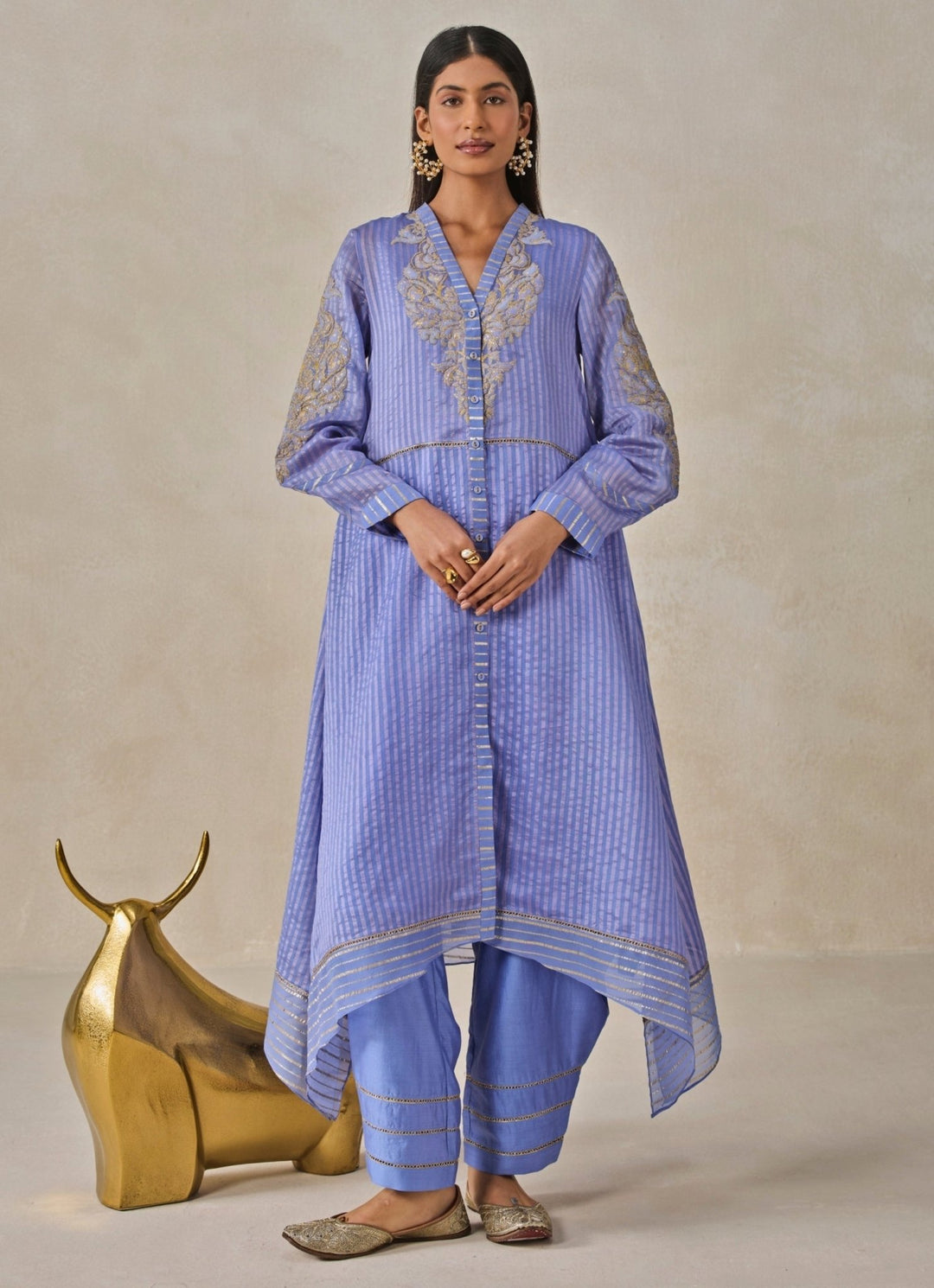 Blue Chanderi Asymmetrical Kurta Salwar Set Nitika Gujral - Fabilicious Fashion
