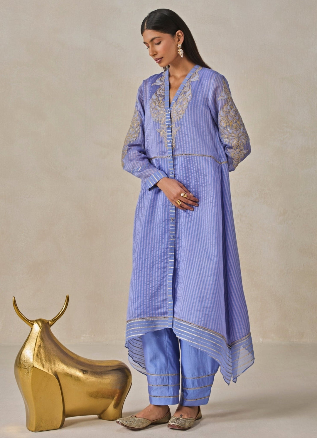 Blue Chanderi Asymmetrical Kurta Salwar Set Nitika Gujral - Fabilicious Fashion