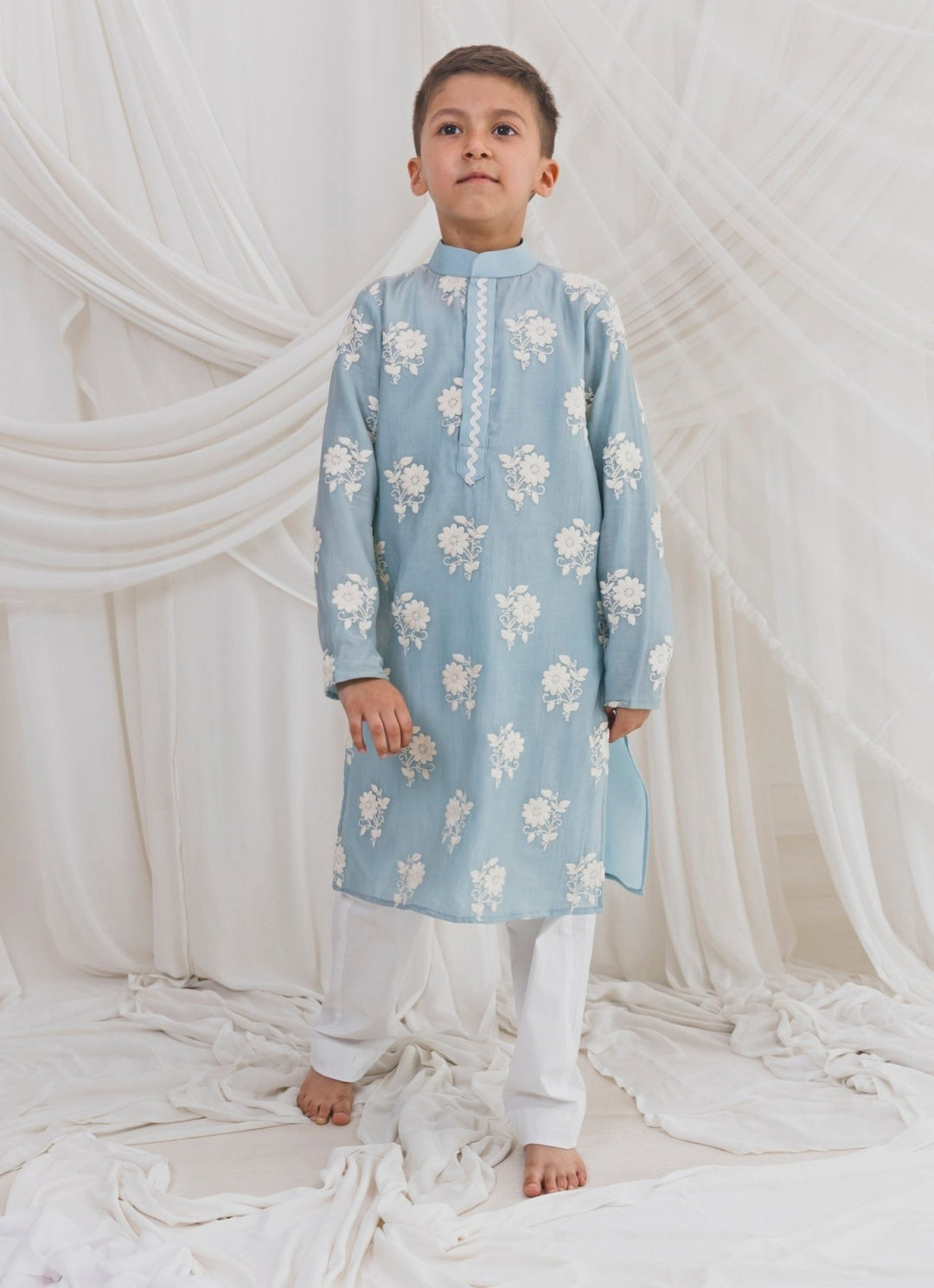 Blue Chanderi Boys Kurta Set Chotibuti - Fabilicious Fashion