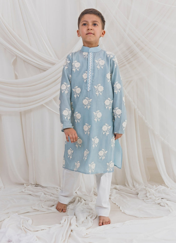 Blue Chanderi Boys Kurta Set Chotibuti - Fabilicious Fashion