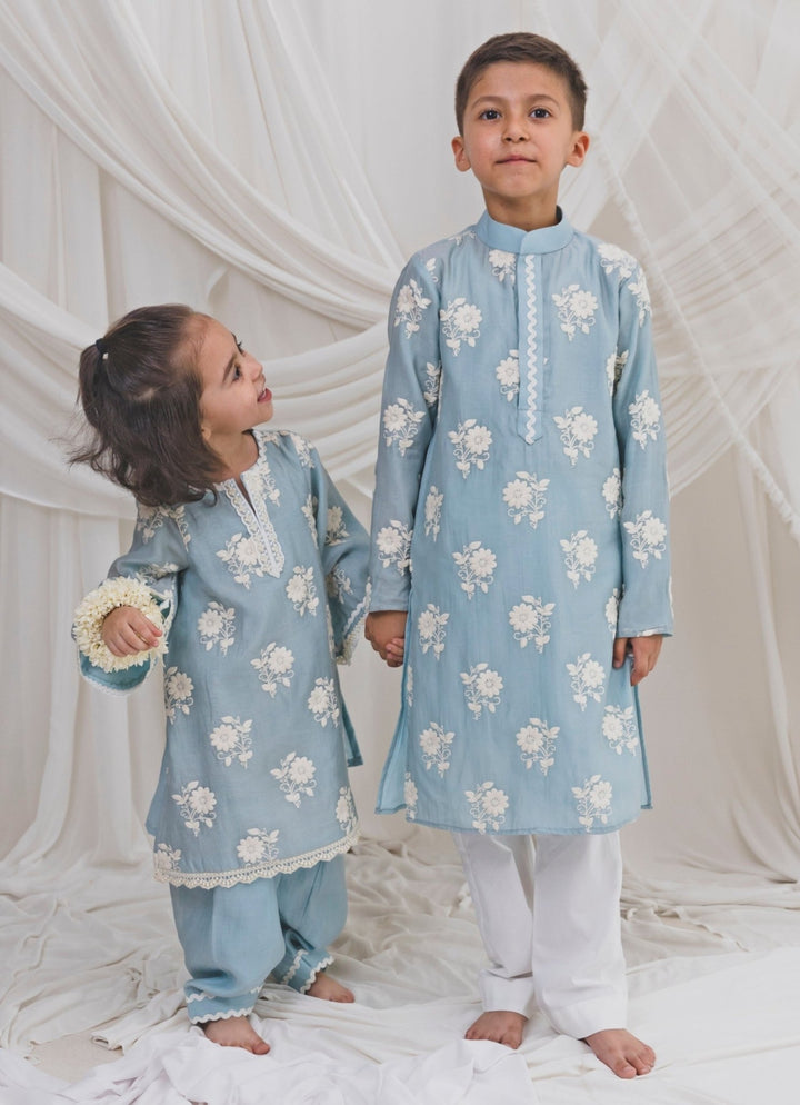 Blue Chanderi Boys Kurta Set Chotibuti - Fabilicious Fashion
