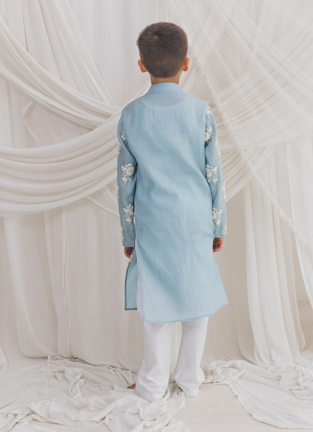 Blue Chanderi Boys Kurta Set Chotibuti - Fabilicious Fashion
