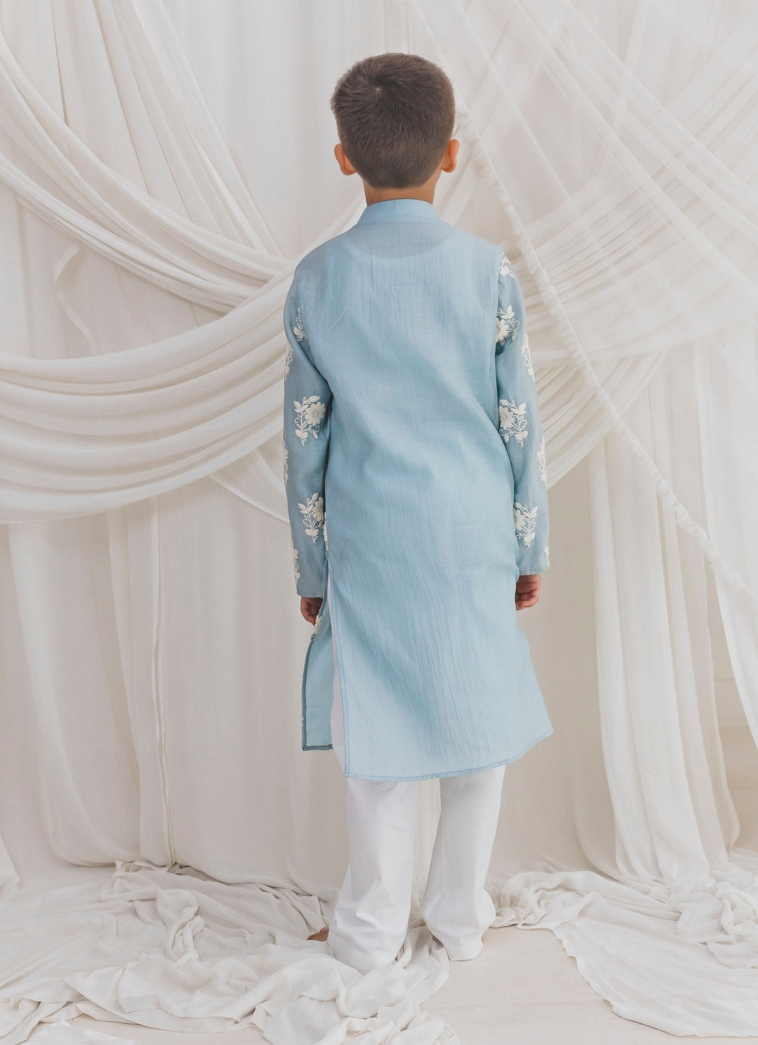 Blue Chanderi Boys Kurta Set Chotibuti - Fabilicious Fashion