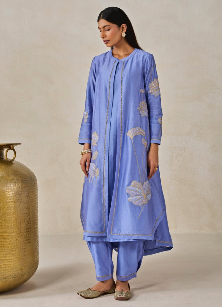Blue Chanderi Kurta Salwar Set With Jacket Nitika Gujral - Fabilicious Fashion