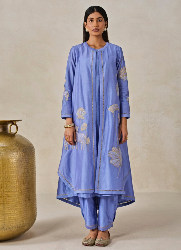 Blue Chanderi Kurta Salwar Set With Jacket Nitika Gujral - Fabilicious Fashion