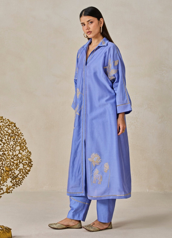 Blue Chanderi Shirt Style Kurta Salwar Set Nitika Gujral - Fabilicious Fashion