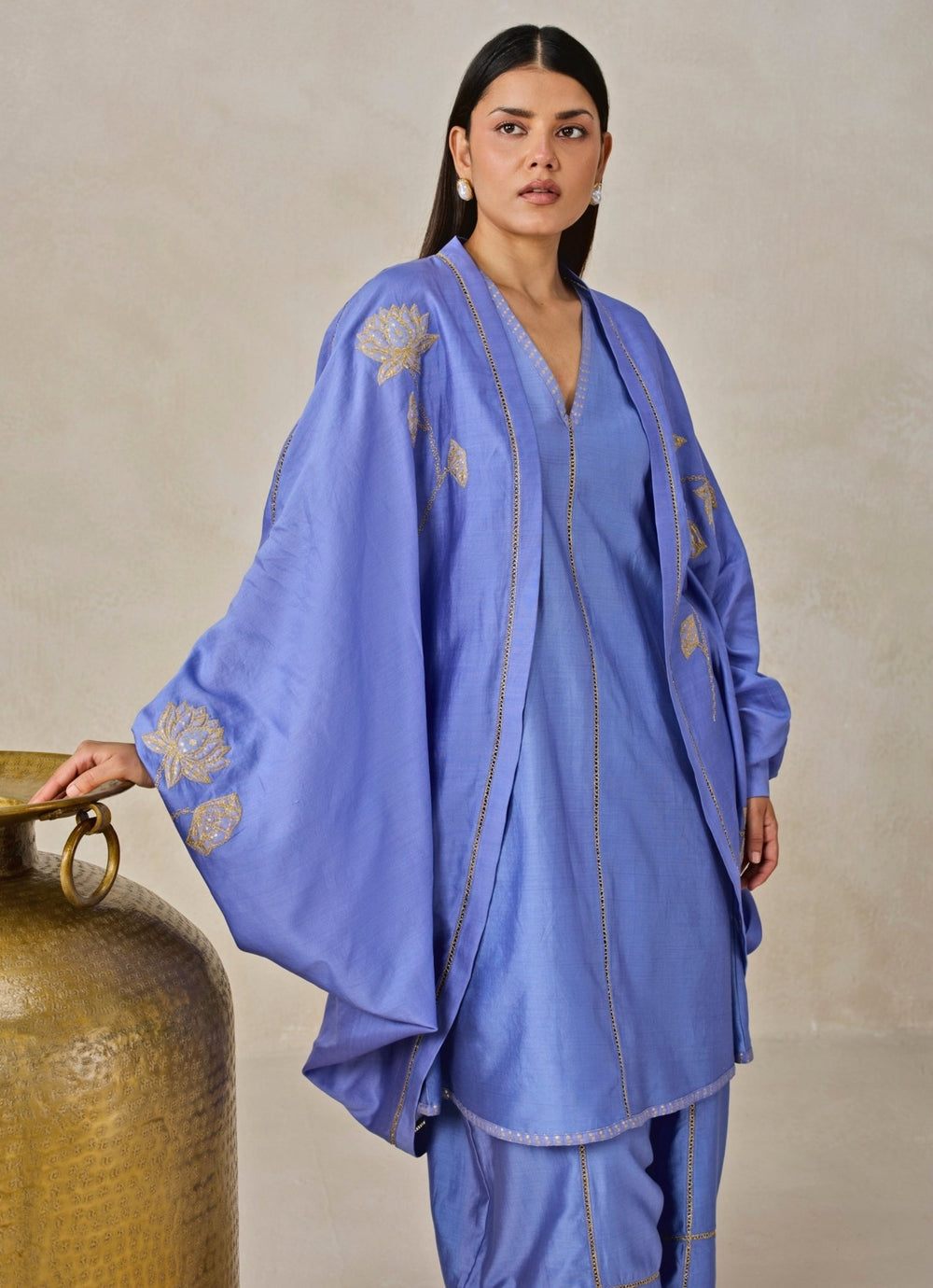 Blue Chanderi Short Kurta Salwar Set With Jacket Nitika Gujral - Fabilicious Fashion