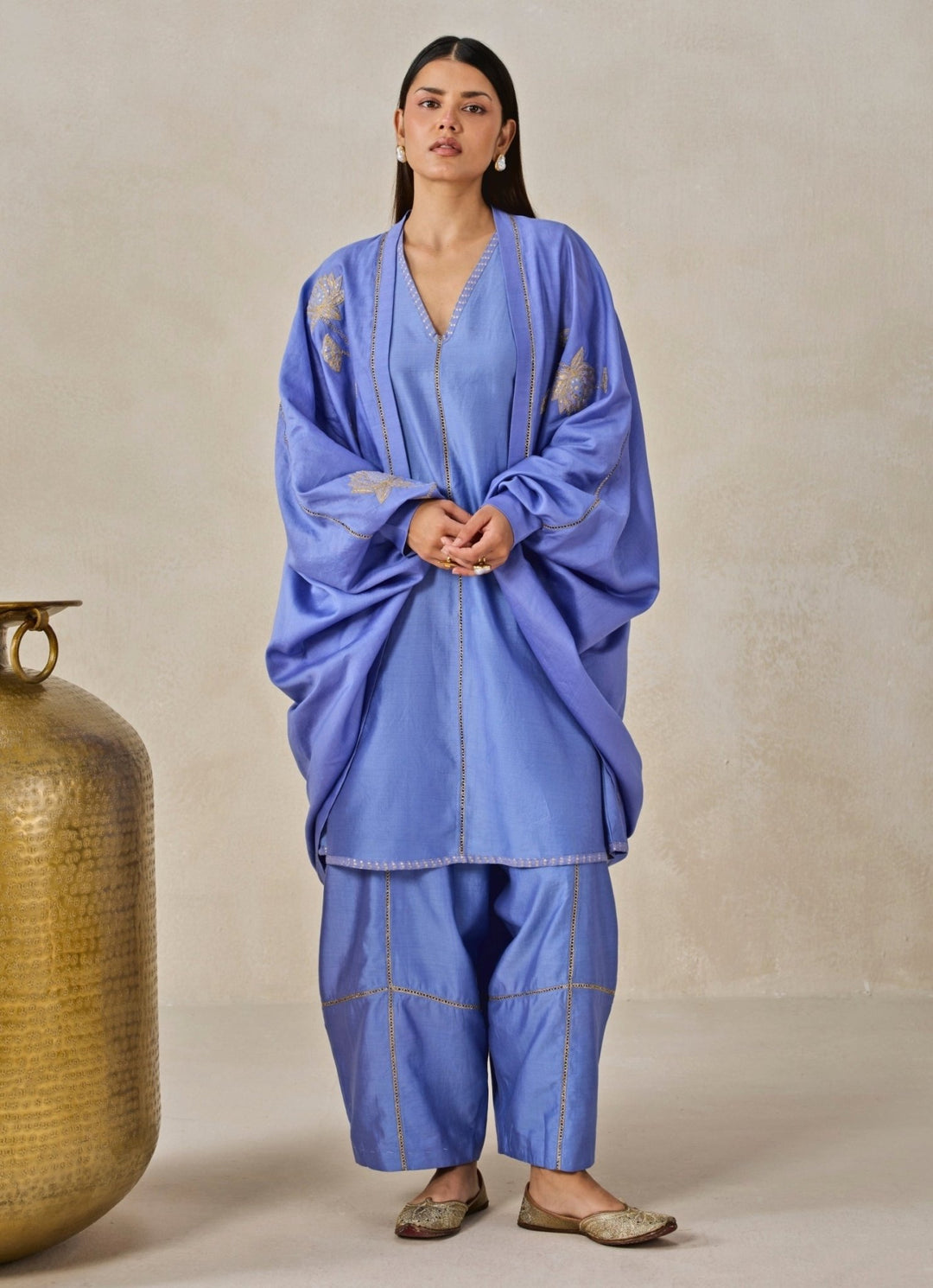 Nitika Gujral Blue Chanderi Short Kurta Salwar Set With JacketFabilicious Fashion