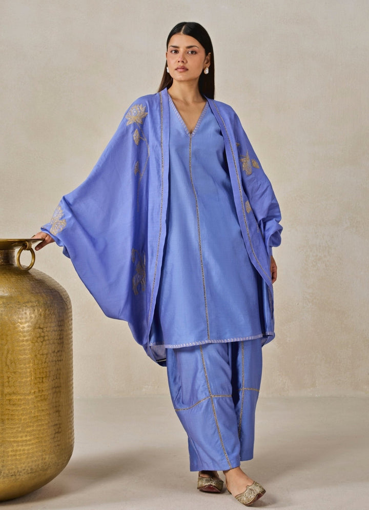 Nitika Gujral Blue Chanderi Short Kurta Salwar Set With JacketFabilicious Fashion