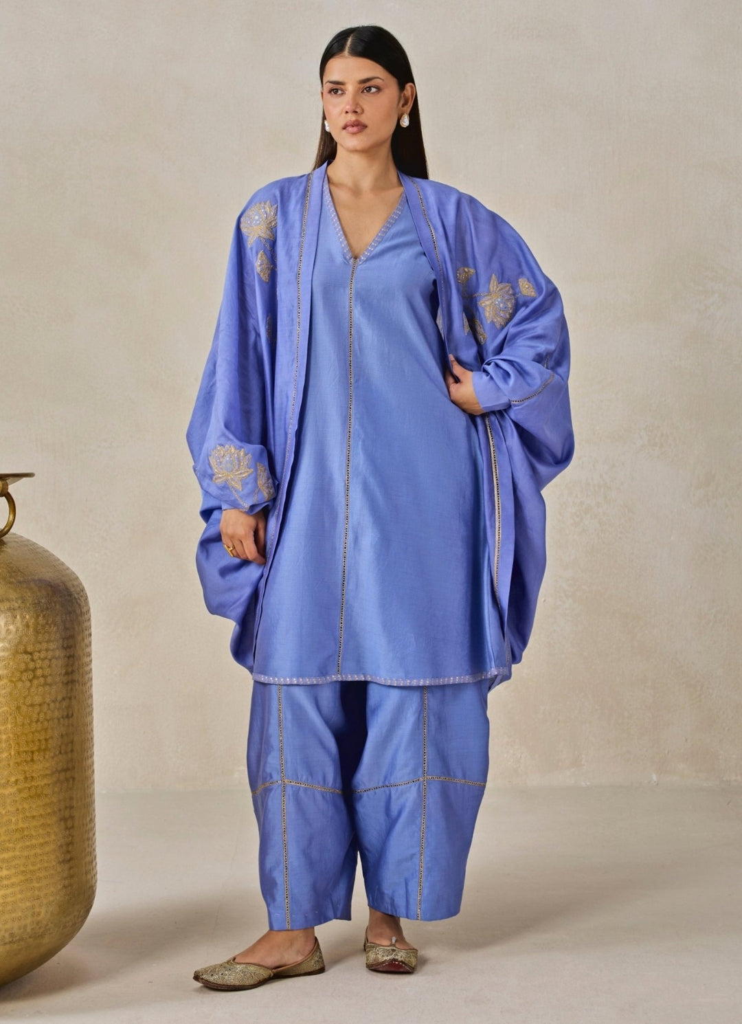 Nitika Gujral Blue Chanderi Short Kurta Salwar Set With JacketFabilicious Fashion