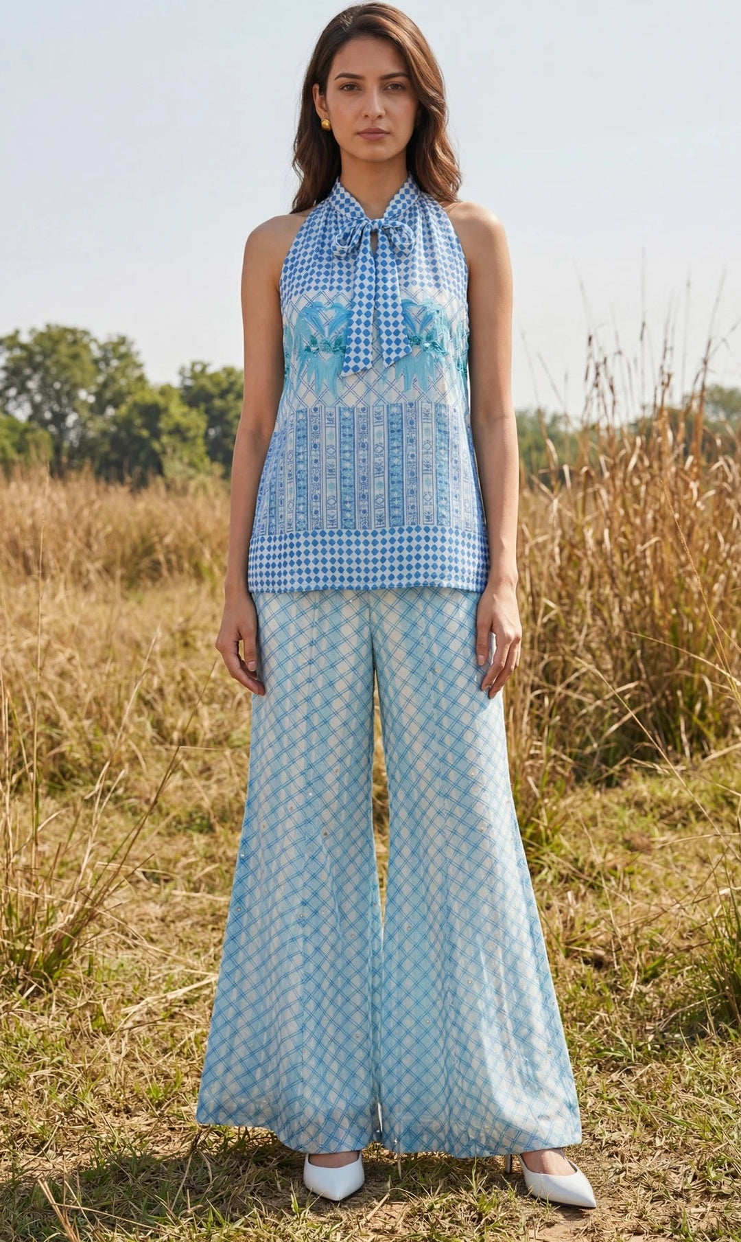 Blue Chiffon Pant Set Basil Leaf - Fabilicious Fashion