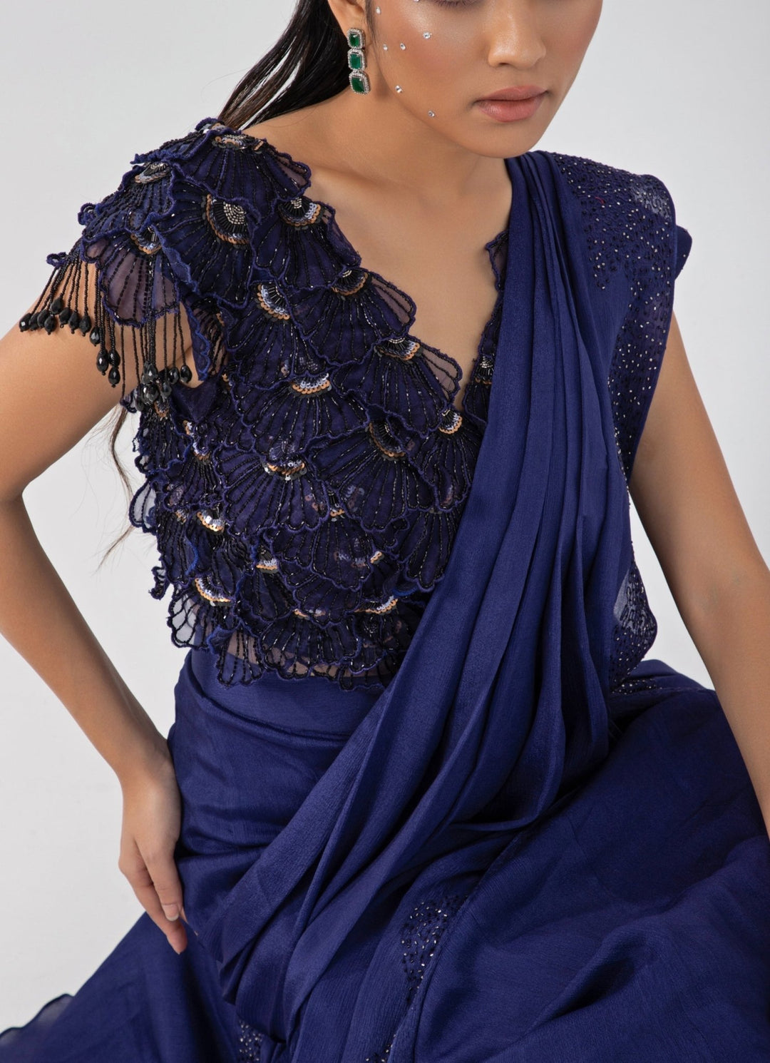 Blue Chiffon Predraped Saree Set With Petal Appliqué Blouse Smriti - Fabilicious Fashion