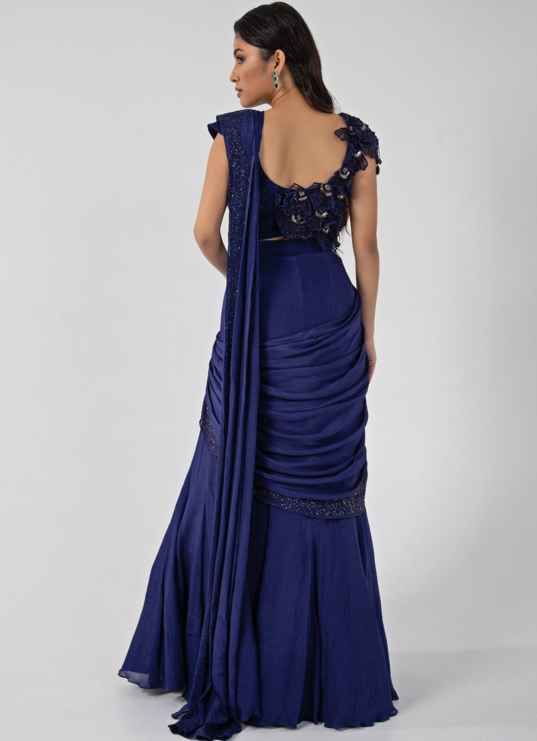 Blue Chiffon Predraped Saree Set With Petal Appliqué Blouse Smriti - Fabilicious Fashion