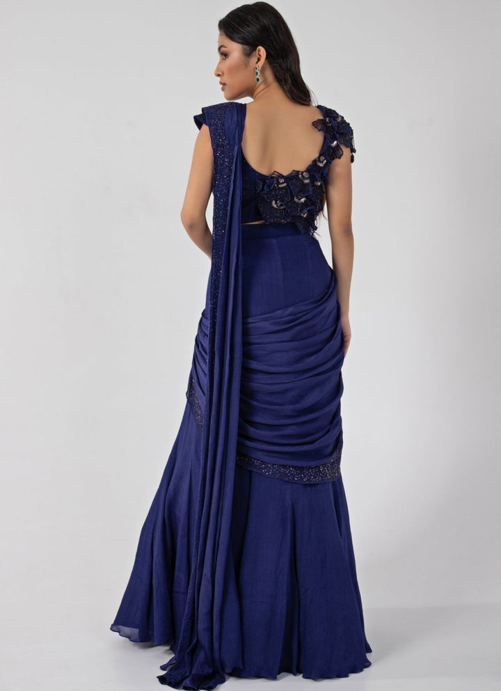 Blue Chiffon Predraped Saree Set With Petal Appliqué Blouse Smriti - Fabilicious Fashion