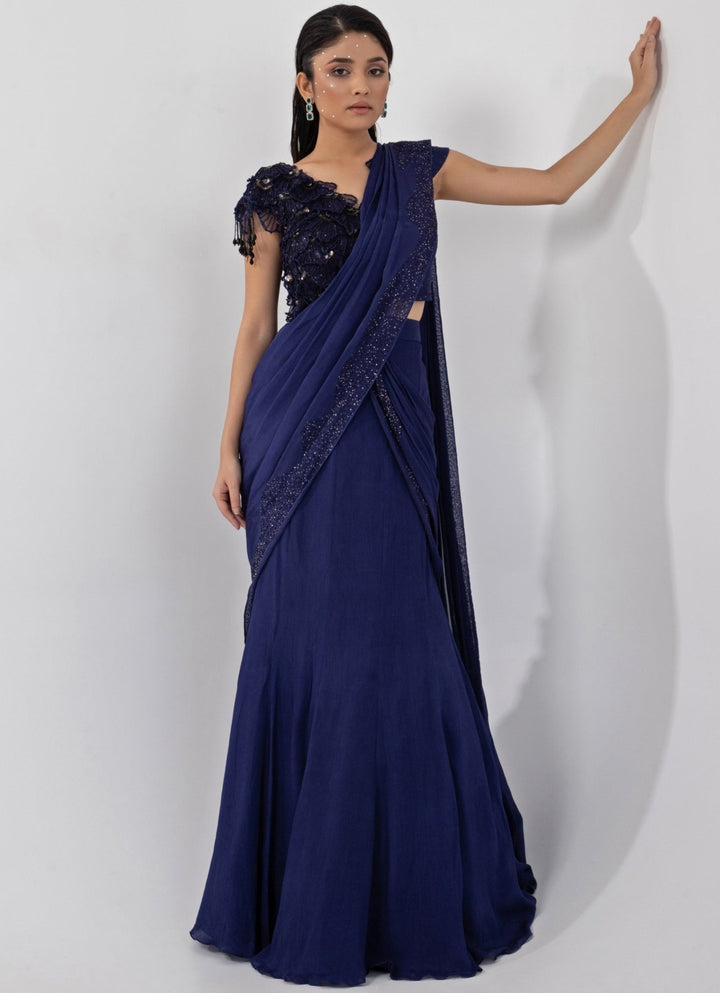 Blue Chiffon Predraped Saree Set With Petal Appliqué Blouse Smriti - Fabilicious Fashion