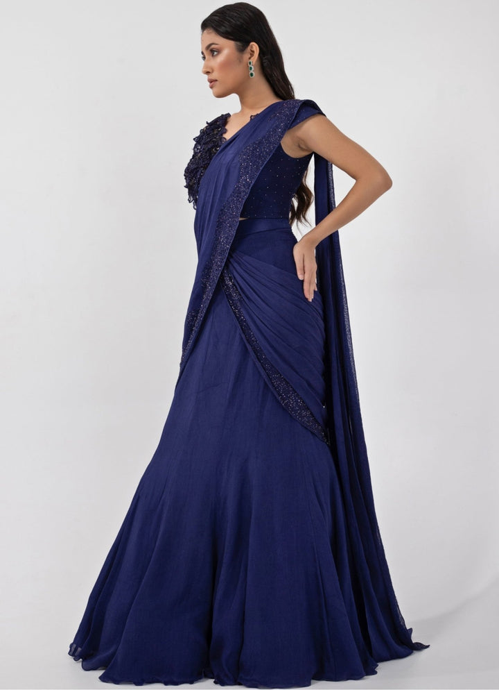 Blue Chiffon Predraped Saree Set With Petal Appliqué Blouse Smriti - Fabilicious Fashion