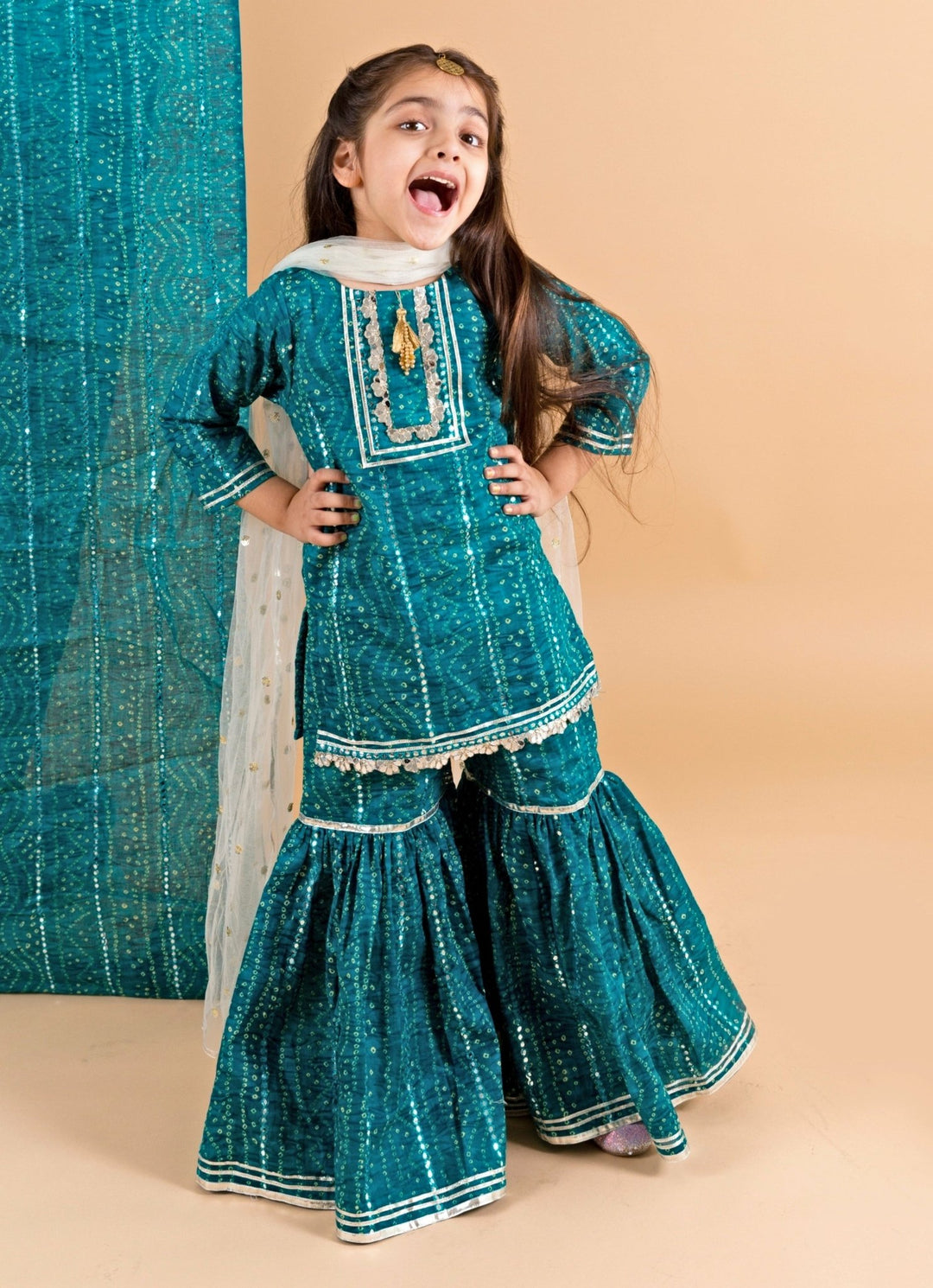 Blue Cotton Bandhani Kurta Sharara Set Chotibuti - Fabilicious Fashion