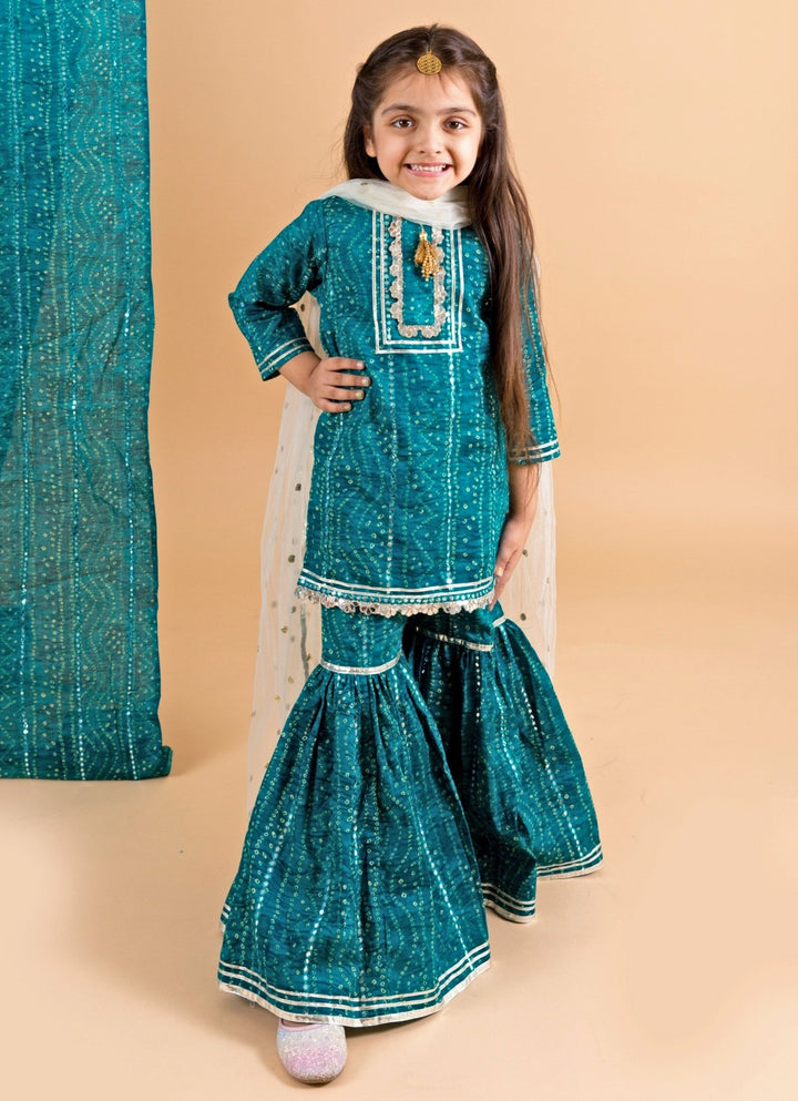 Blue Cotton Bandhani Kurta Sharara Set Chotibuti - Fabilicious Fashion