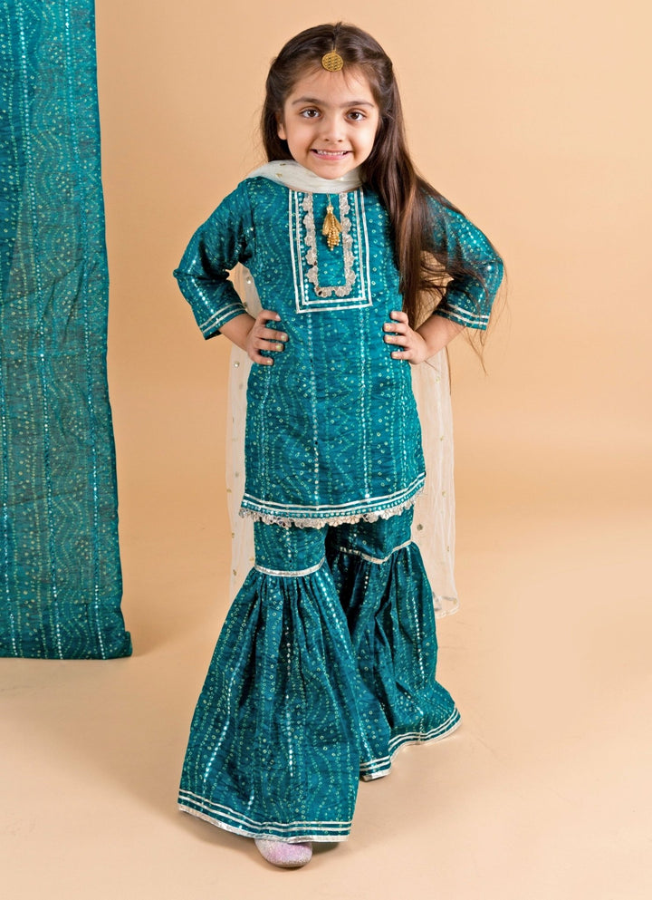 Blue Cotton Bandhani Kurta Sharara Set Chotibuti - Fabilicious Fashion