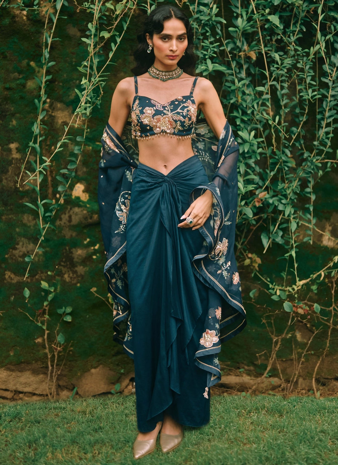 Paulmi and Harsh Blue Cotton Silk Draped Skirt Set With CapeFabilicious Fashion