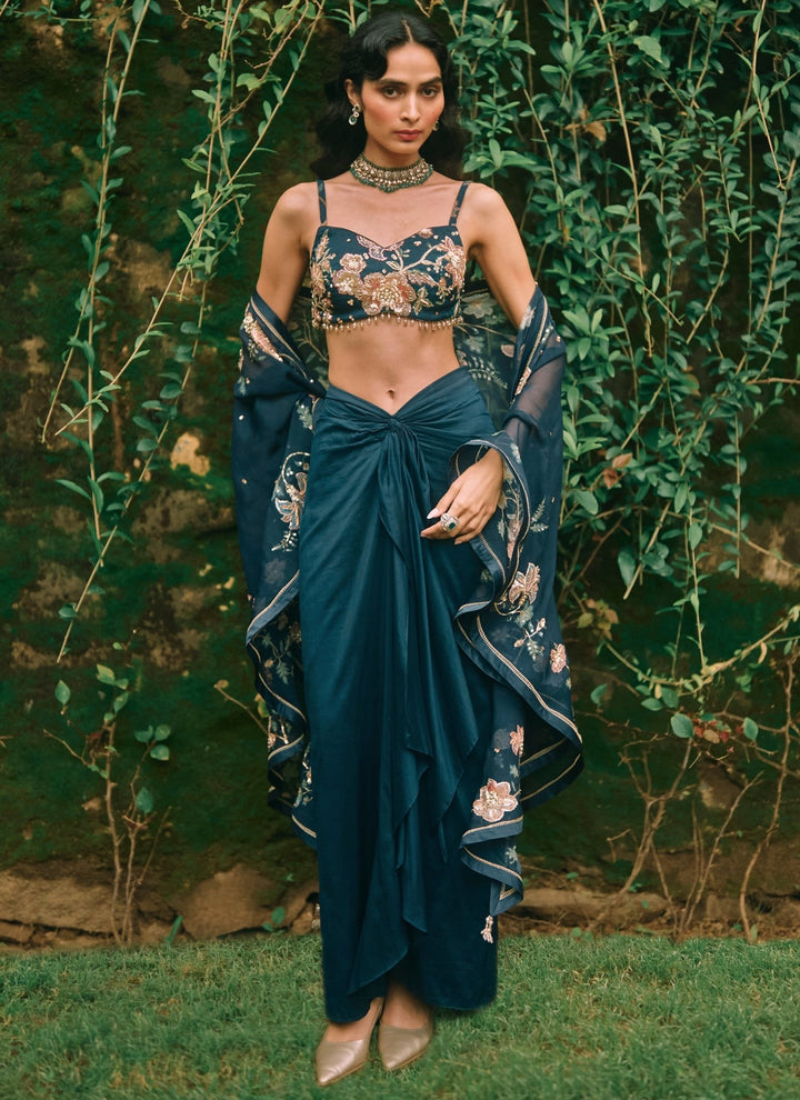 Paulmi and Harsh Blue Cotton Silk Draped Skirt Set With CapeFabilicious Fashion
