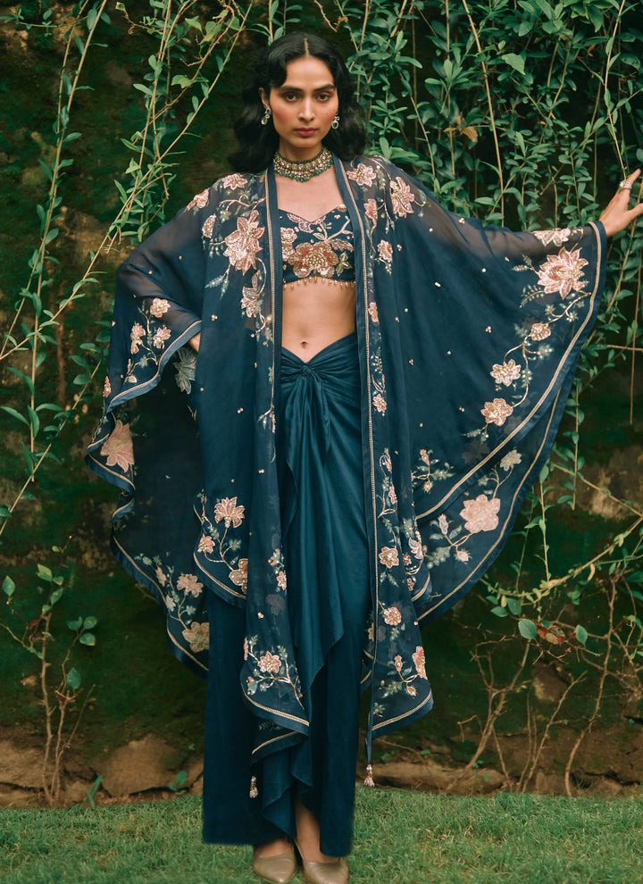 Paulmi and Harsh Blue Cotton Silk Draped Skirt Set With CapeFabilicious Fashion