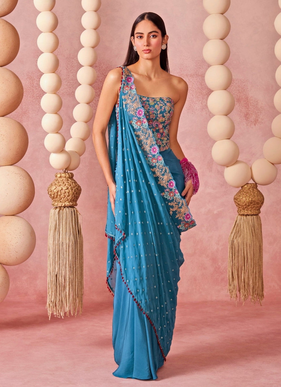 Chamee And Palak Blue Crepe Draped Skirt Set With Corset And DupattaFabilicious Fashion