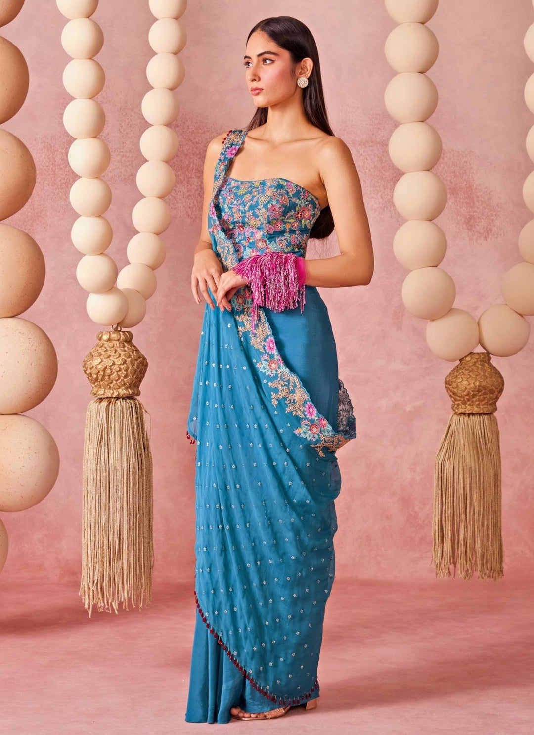 Chamee And Palak Blue Crepe Draped Skirt Set With Corset And DupattaFabilicious Fashion
