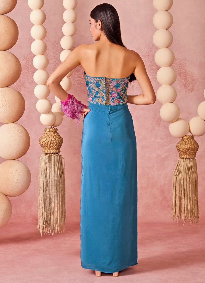 Chamee And Palak Blue Crepe Draped Skirt Set With Corset And DupattaFabilicious Fashion
