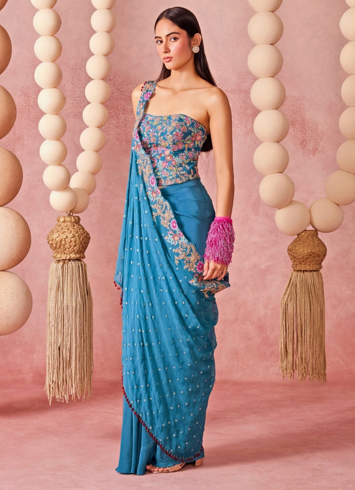 Chamee And Palak Blue Crepe Draped Skirt Set With Corset And DupattaFabilicious Fashion