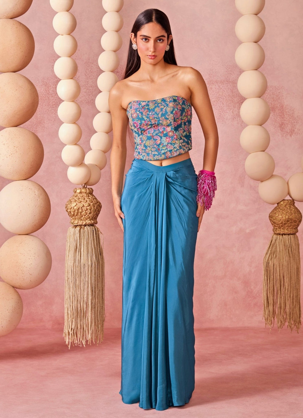 Chamee And Palak Blue Crepe Draped Skirt Set With Corset And DupattaFabilicious Fashion