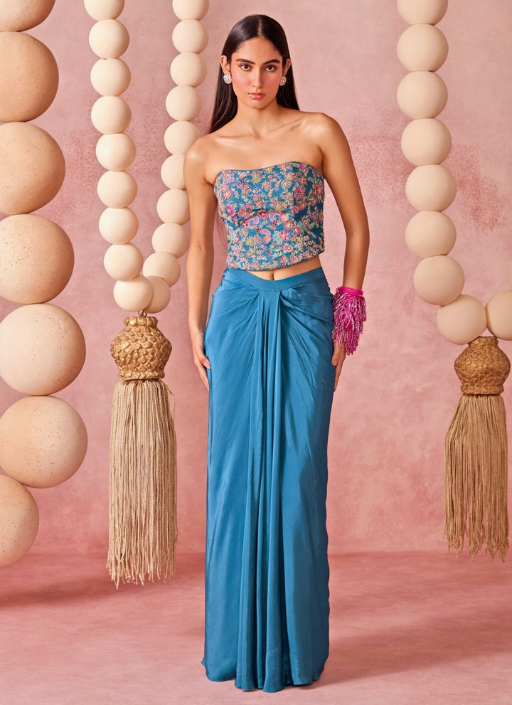 Chamee And Palak Blue Crepe Draped Skirt Set With Corset And DupattaFabilicious Fashion