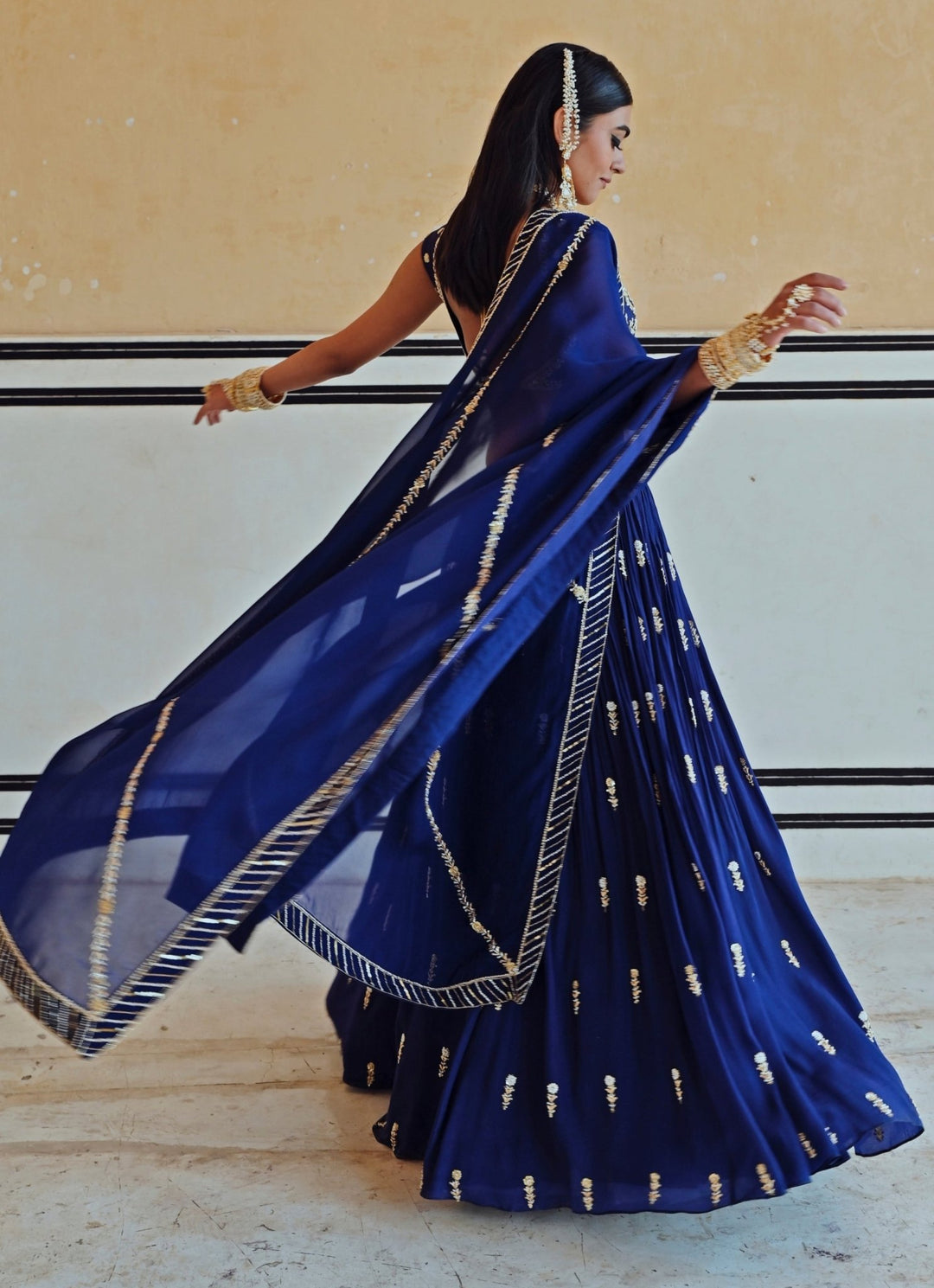 Blue Crepe Embroidered Lehenga Set Ease - Fabilicious Fashion