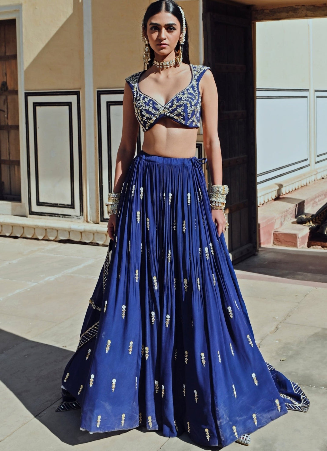 Blue Crepe Embroidered Lehenga Set Ease - Fabilicious Fashion
