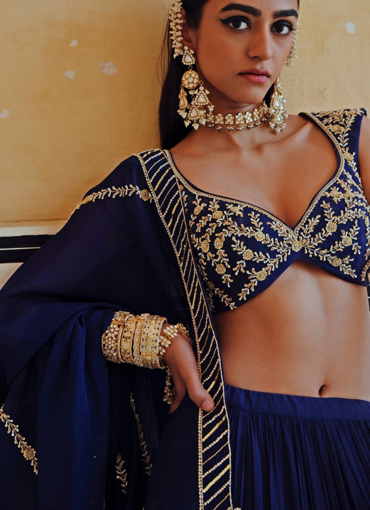 Blue Crepe Embroidered Lehenga Set Ease - Fabilicious Fashion