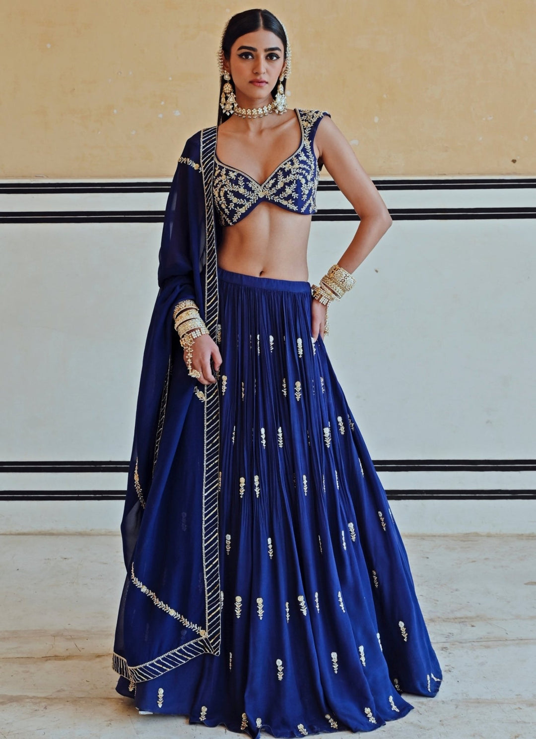 Blue Crepe Embroidered Lehenga Set Ease - Fabilicious Fashion