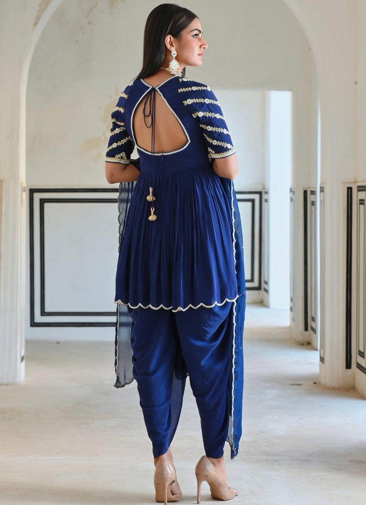 Blue Crepe Embroidered Peplum Kurta Set With Dhoti Ease - Fabilicious Fashion