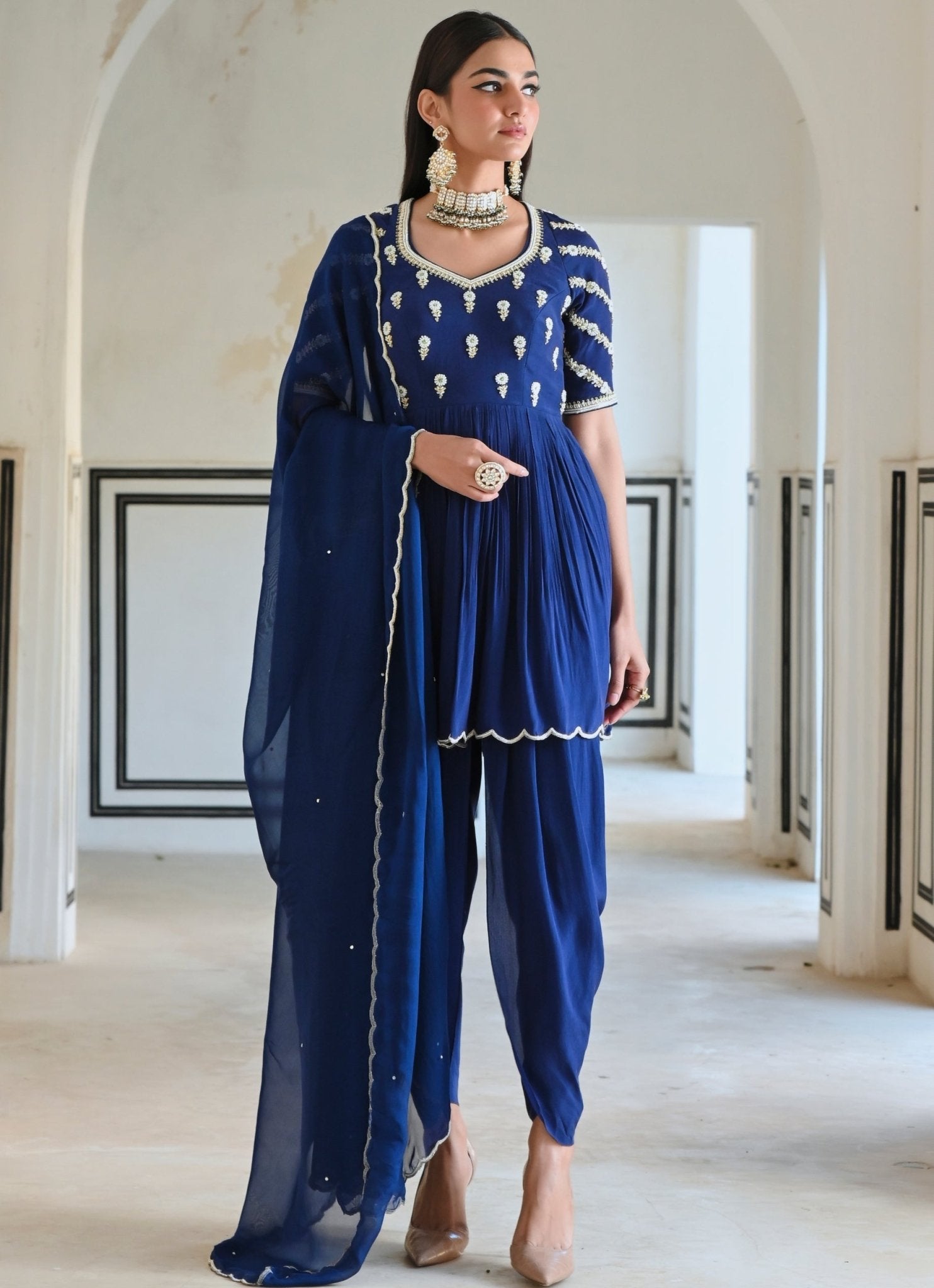 Blue Crepe Embroidered Peplum Kurta with Dhoti Set