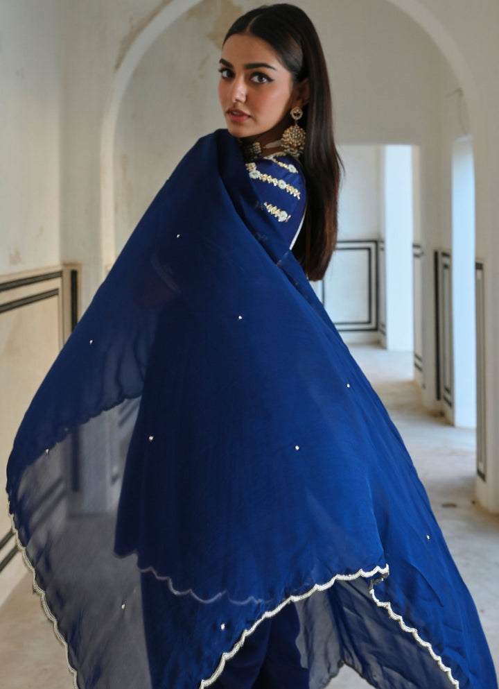Blue Crepe Embroidered Peplum Kurta Set With Dhoti Ease - Fabilicious Fashion