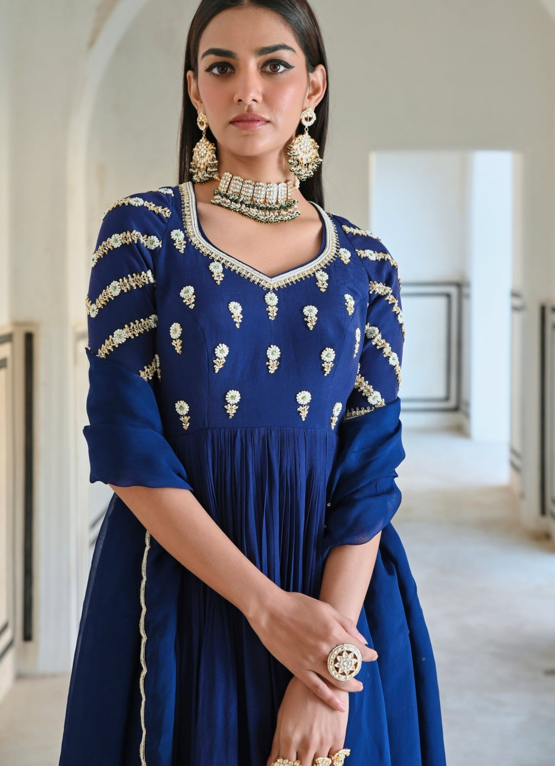 Blue Crepe Embroidered Peplum Kurta Set With Dhoti Ease - Fabilicious Fashion